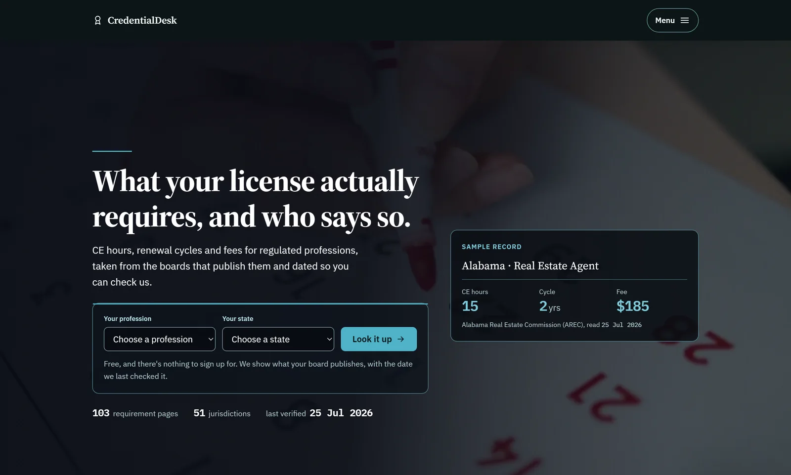 The CredentialDesk homepage: a profession and state lookup, 103 requirement pages across 51 jurisdictions, and a sample record showing 15 CE hours on a two-year cycle with a $185 fee for an Alabama real estate agent, cited to the Alabama Real Estate Commission.